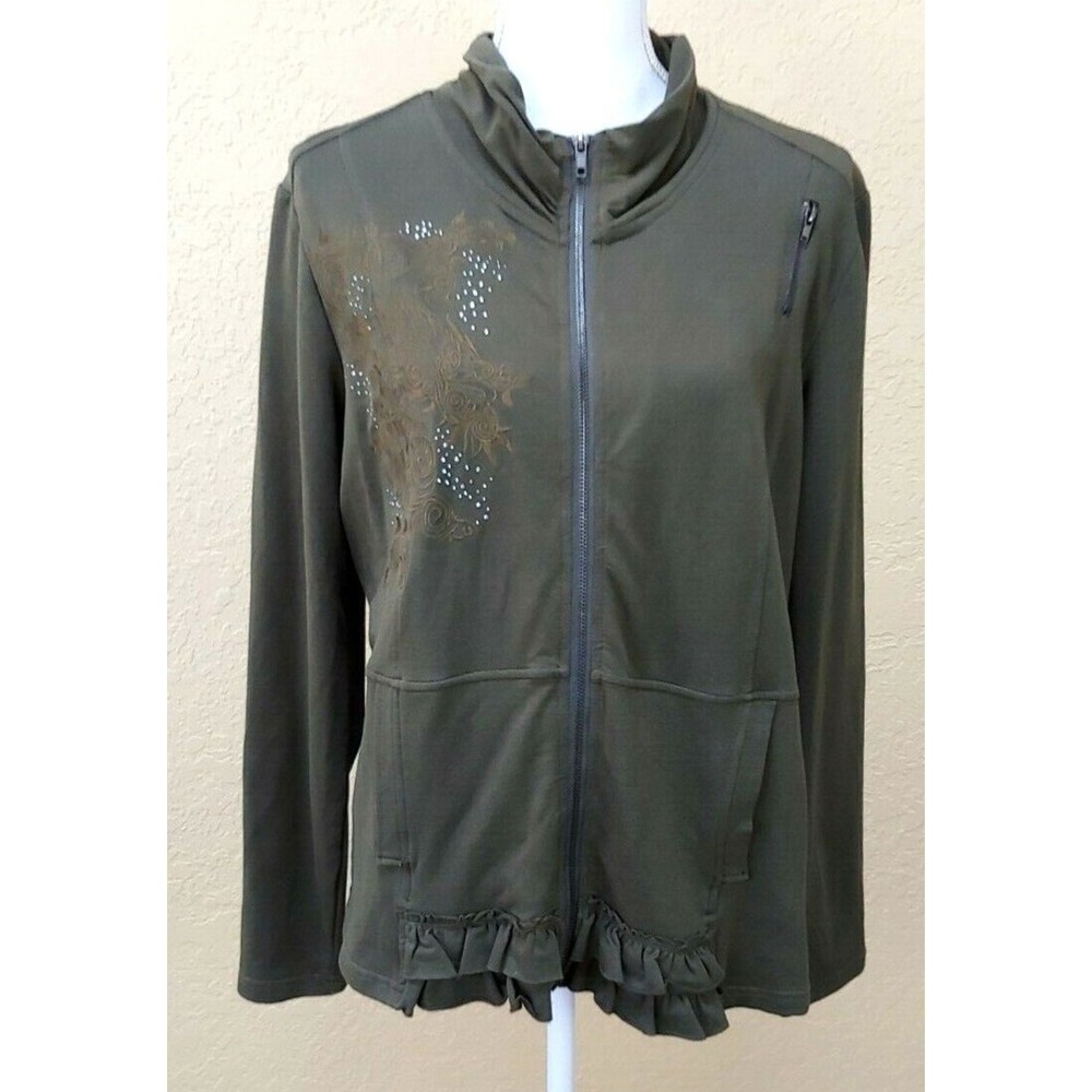 Picadilly Womens Jacket Large Dark Green Zip Beaded Embroidered Ruffle Pockets